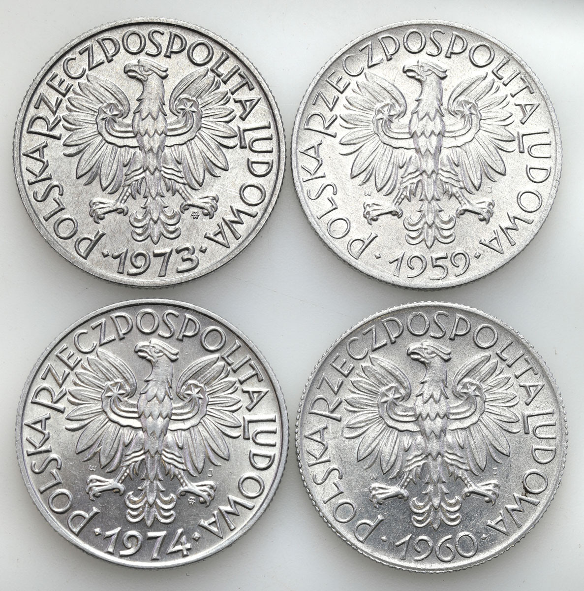 PRL. 5 złotych 1959 - 1974, rybak, zestaw 4 monet – PIĘKNE